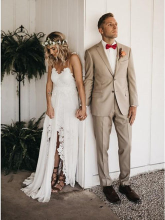 Sheath Spaghetti Straps Backless Hi-Low Lace Boho Beach Wedding Dress DMK40