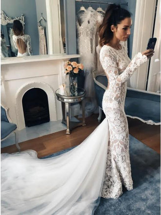 Mermaid Crew Long Sleeves Illusion Back Lace Wedding Dress DML15