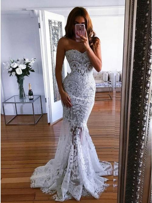 Charming Mermaid Sweetheart Sweep Train Lace Wedding Dress with Appliques DMK42