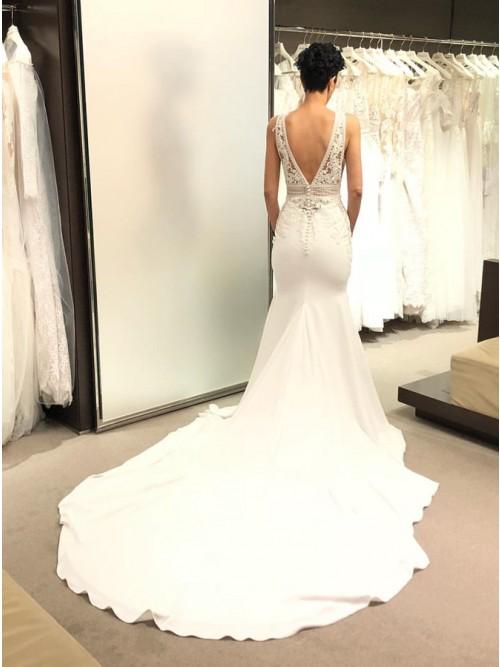 Mermaid V-Neck Backless Court Train Ivory Wedding Dress with Lace DML10