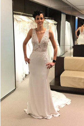 Mermaid V-Neck Backless Court Train Ivory Wedding Dress with Lace DML10