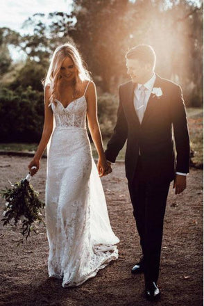 Spaghetti Straps Off White Lace Beach Wedding Dress DML12