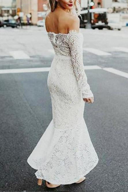 Mermaid Off-the-Shoulder Long Sleeves High Low Lace Beach Wedding Dress DMR81