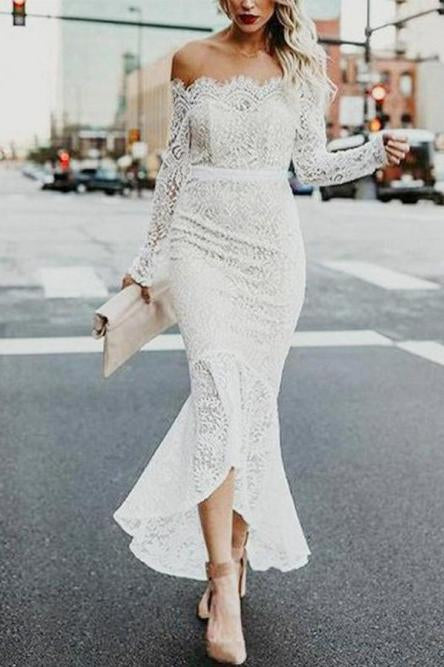 Mermaid Off-the-Shoulder Long Sleeves High Low Lace Beach Wedding Dress DMR81