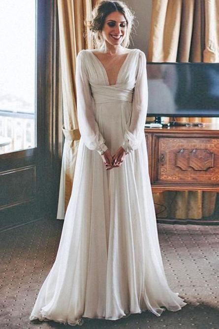 A-Line V-Neck Long Sleeves Floor Length Chiffon Beach Wedding Dress DMR79