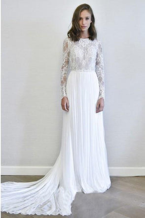 A-Line Long Sleeves Chiffon Long Simple Wedding Dress with Lace DMR78