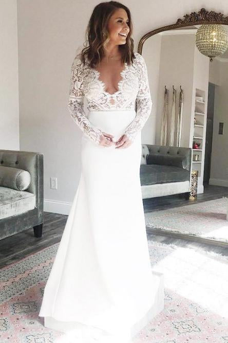 Sheath V-Neck Long Sleeves Deep V Neck Wedding Dress with Lace Top DMR76
