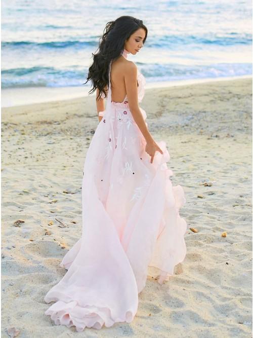 A-Line Halter Backless Light Pink Chiffon Beach Wedding Dress with Appliques Ruffles DMR83