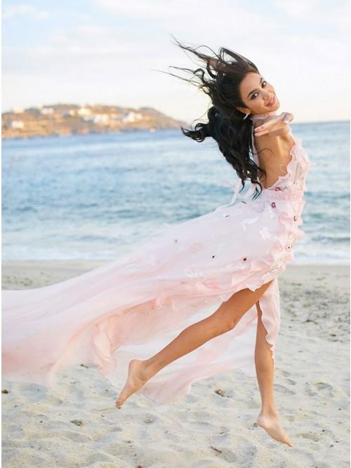 A-Line Halter Backless Light Pink Chiffon Beach Wedding Dress with Appliques Ruffles DMR83
