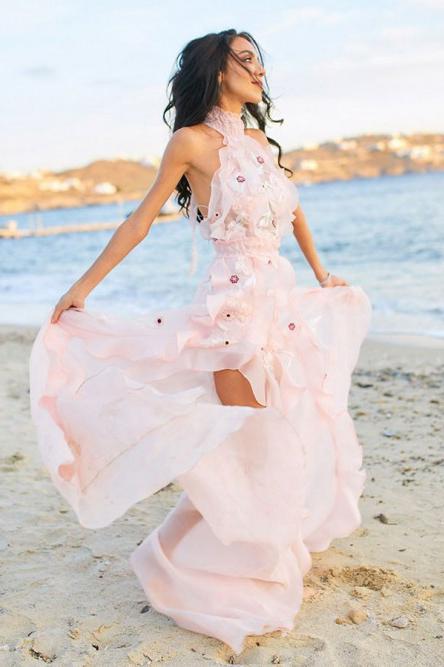 A-Line Halter Backless Light Pink Chiffon Beach Wedding Dress with App – Demodresses A-Line Halter Backless Light Pink Chiffon Beach Wedding Dress with App – Demodresses