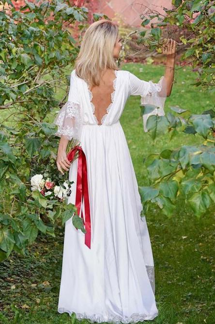 A-Line V-Neck V Back 3/4 Sleeves Satin Boho Wedding Dress with Lace DMS27