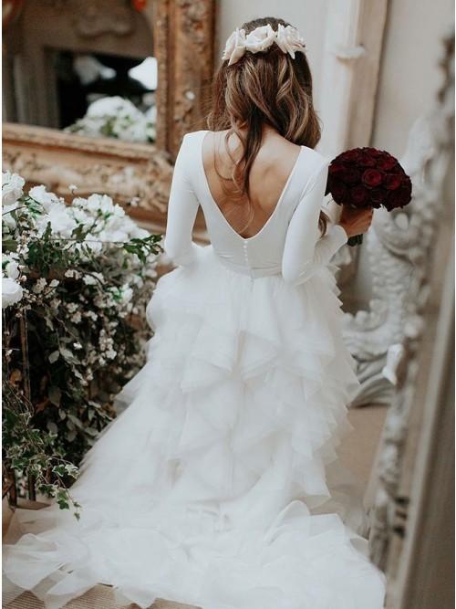 A-Line Bateau Long Sleeves Ruffles Tulle Elegant Wedding Dress DMS30