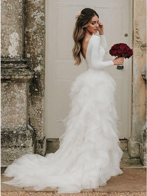 A-Line Bateau Long Sleeves Ruffles Tulle Elegant Wedding Dress DMS30