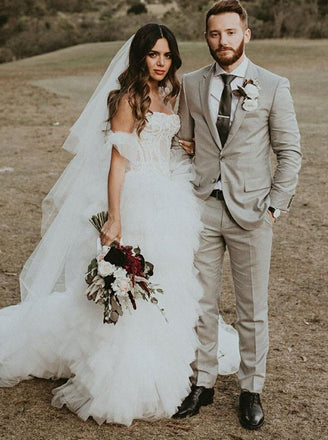 A-Line Strapless Asymmetric Ruffles Wedding Dress with Appliques DMF87