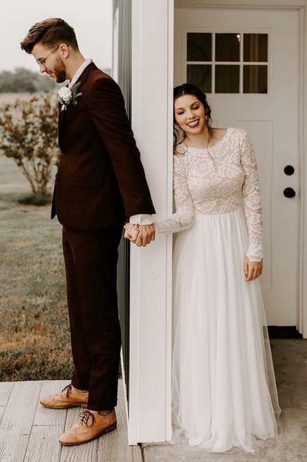 A-Line Round Neck Long Sleeves Backless Boho Wedding Dress with Lace DMS31