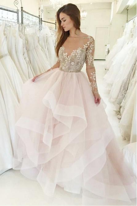 Princess A-Line Bateau Long Sleeves Pink Wedding Dress with Appliques DMS34