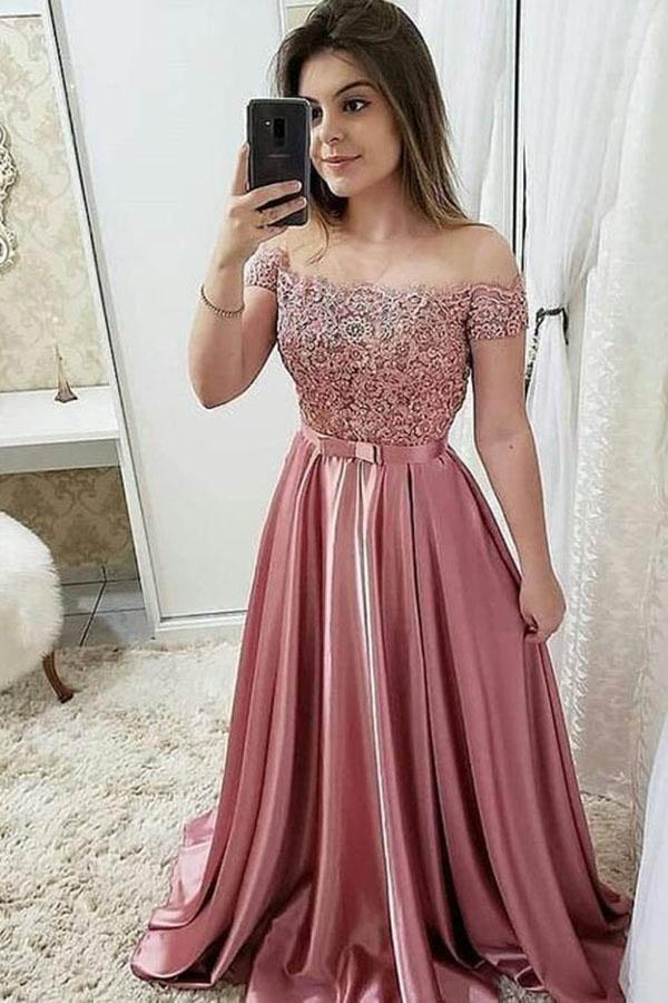 Burgundy Off Shoulder A Line Prom Dress, Lace Top Cheap Evening Gown DMJ68