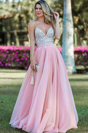 Pink A Line Spaghetti Strap Prom Dresses, Backless Beaded Evening Dress DMJ59