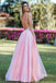 Pink A Line Spaghetti Strap Prom Dresses, Backless Beaded Evening Dress DMJ59