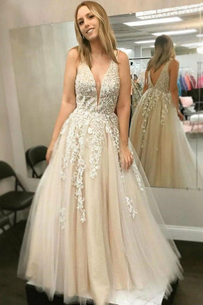A Line V Neck Prom Dresses With Lace Appliques, Long Cheap Evening Dress DMJ61