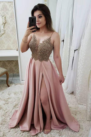 Spaghetti Straps A Line Split Prom Dress, Pink Beaded Evening Dresses DMJ47