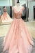 A Line V Neck Blush Pink Prom Dresses, Appliques Evening Dress DMJ41