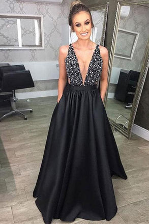 Black Deep V Neck Beading Prom Dress, A Line Evening Dresses With Pockets DMJ46