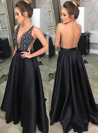 Black Deep V Neck Beading Prom Dress, A Line Evening Dresses With Pockets DMJ46
