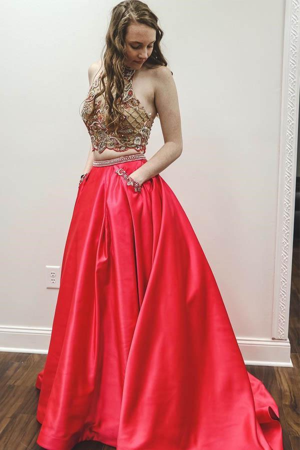 Two Pieces A Line Red Prom Dresses With Pockets, Halter Beaded Evening Dress DMJ60