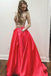 Two Pieces A Line Red Prom Dresses With Pockets, Halter Beaded Evening Dress DMJ60