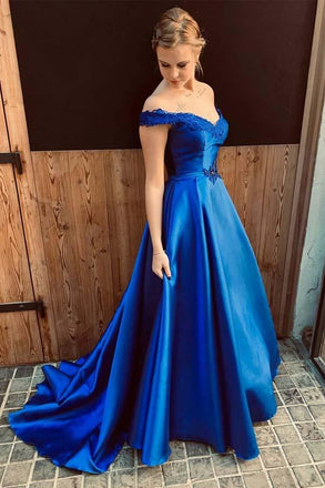 Royal Blue A Line Appliques Satin Charming Prom Dresses DMJ39