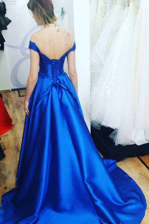 Royal Blue A Line Appliques Satin Charming Prom Dresses DMJ39