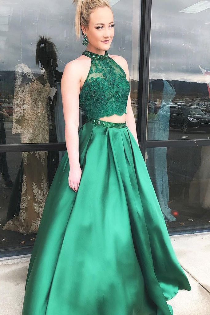 Two Pieces Halter A Line Satin Green Long Prom Dresses With Beads DMJ71