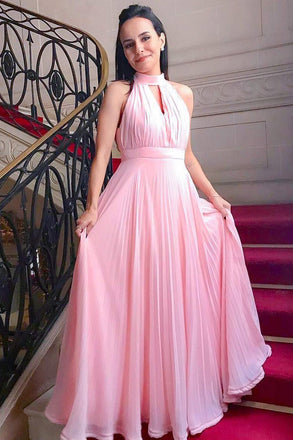 Pink Chiffon High Neck Simple Prom Dresses, Graduation Dresses DMJ74