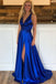 Royal Blue A Line Split Prom Dresses, V Neck Long Formal Party Dress DMJ76