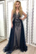 Navy Blue Tulle Sequins Prom Dresses, Long Formal Prom Dress DMJ78