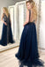 Navy Blue Tulle Sequins Prom Dresses, Long Formal Prom Dress DMJ78