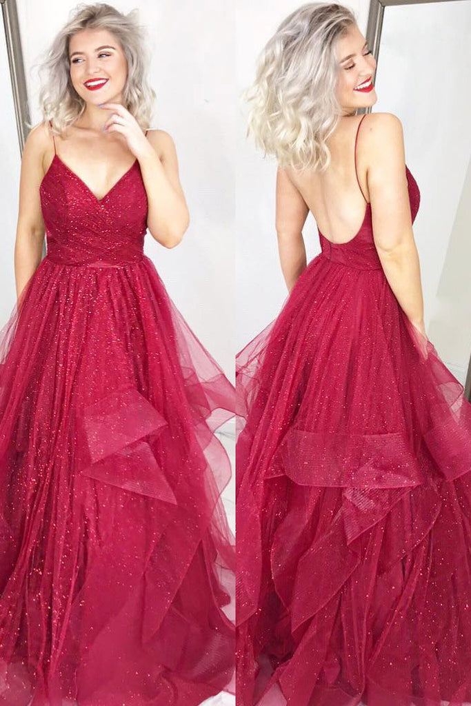 Red Spaghetti Straps A Line Sequins Prom Dresses, Backless Evening Dress DMJ81