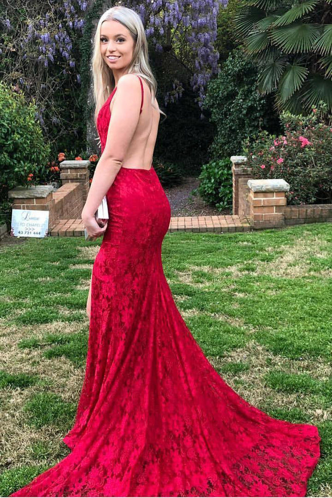 Red Lace Spaghetti Strap Backless Prom Dresses, Mermaid Prom Dress OKJ79 Demodresses Red Lace Spaghetti Strap Backless Prom Dresses, Mermaid Prom Dress OKJ79 Demodresses