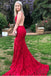 Red Lace Spaghetti Strap Backless Prom Dresses, Mermaid Prom Dress DMJ79