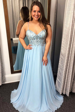 A Line Sky Blue Chiffon Prom Dress, Beaded Evening Party Dresses DMJ55