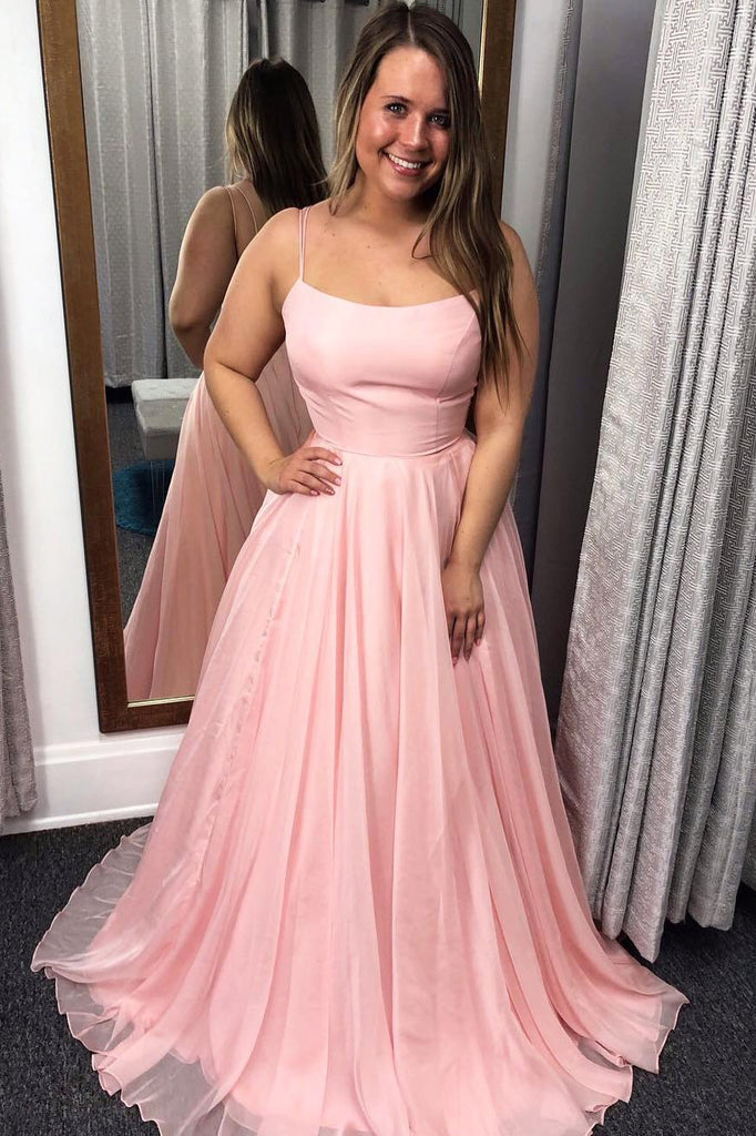 A Line Pink Spaghetti Straps Prom Dress, Long Evening Party Dresses DMJ54