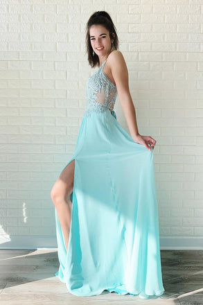 A Line Chiffon Long Split Prom Dress, Cheap Lace Up Back Evening Dresses DMJ52