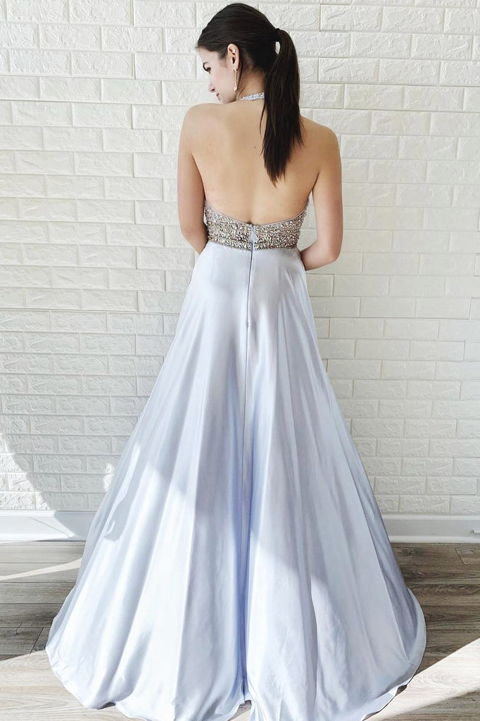 A Line Halter Chiffon Prom Dresses, Beading Long Evening Party Dress DMJ42