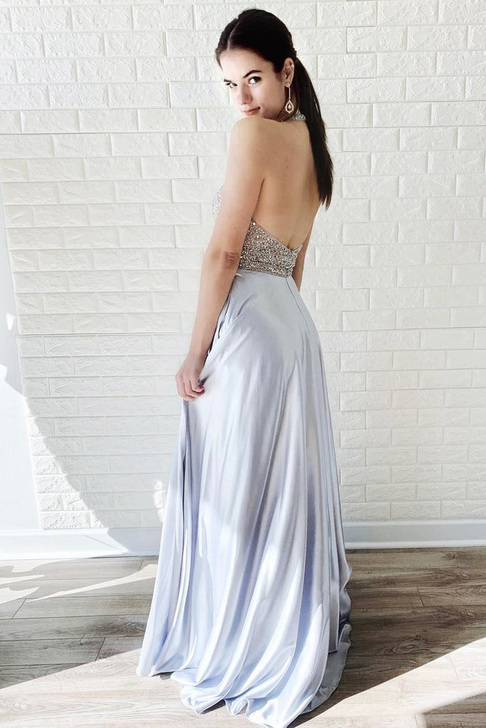 A Line Halter Chiffon Prom Dresses, Beading Long Evening Party Dress DMJ42