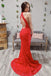 Red Lace Sheath Open Back Prom Dress, Mermaid Evening Dresses DMJ44