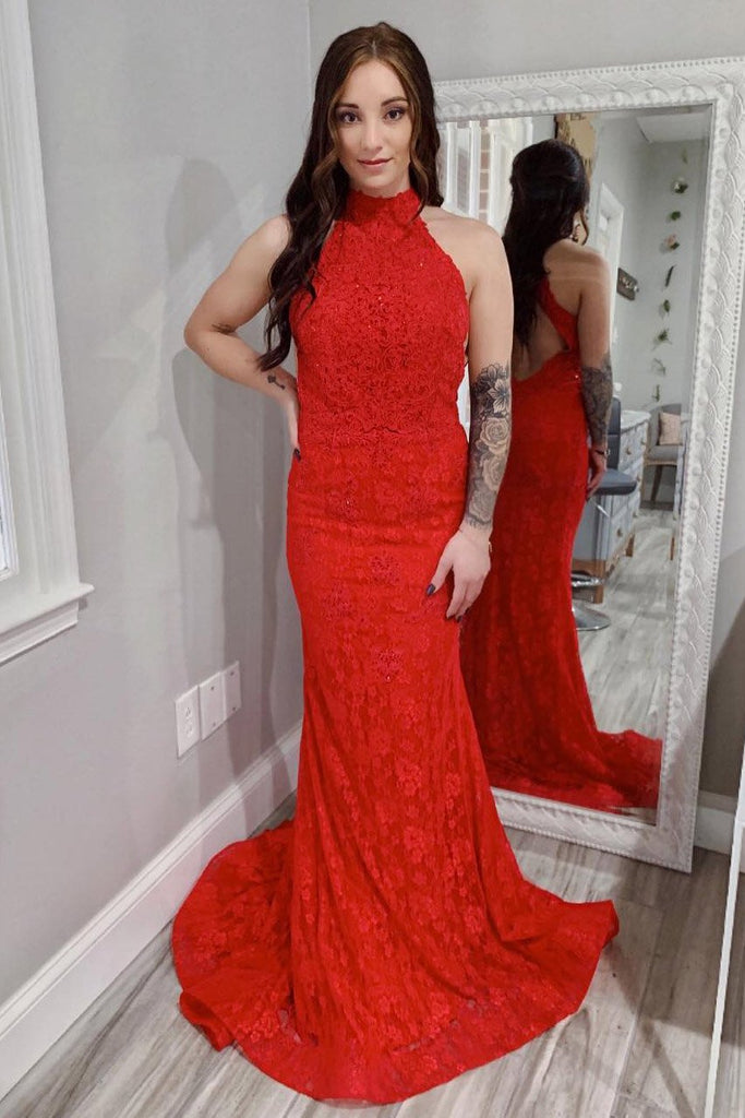 Red Lace Sheath Open Back Prom Dress, Mermaid Evening Dresses DMJ44