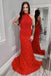 Red Lace Sheath Open Back Prom Dress, Mermaid Evening Dresses DMJ44