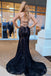 Mermaid Lace Spaghetti Straps Prom Dress, Long Navy Formal Evening Dresses DMJ53