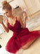 Cute A Line V Neck Spaghetti Straps Dark Red Short Homecoming Dresses with Lace DMM67
